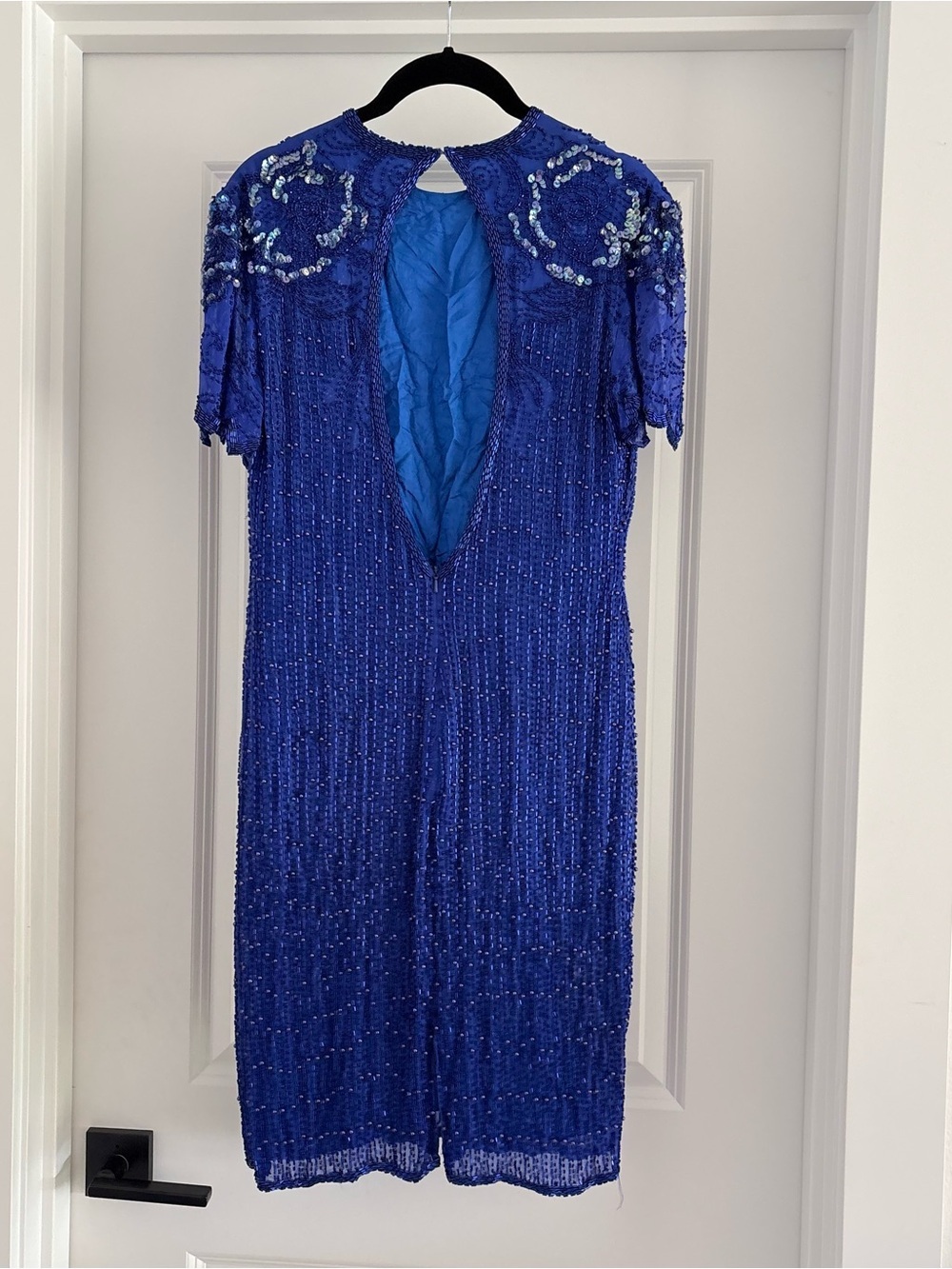 Vintage 80s Scala Paris Blue Beaded Sequin Silk Dress Medium Cocktail Party 90s - Picture 5 of 11